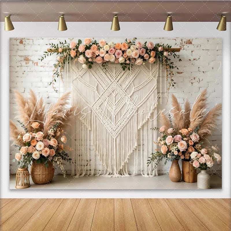 Lofaris Boho Macrame Floral Photography Backdrop with Pampas Grass and Roses Elegant White Brick Wall Background for Wedding and Party Decor
