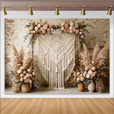 Lofaris Boho Macrame Floral Photography Backdrop with Pampas Grass and Roses Rustic Brick Wall Background for Wedding Decor and Photoshoot
