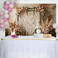 Lofaris Boho Macrame Photography Backdrop with Floral Garland and Pampas Grass Rustic Brick Wall Background for Wedding Event Decor
