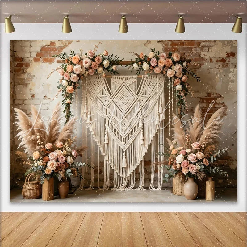Lofaris Boho Macrame Photography Backdrop with Floral Garland and Pampas Grass Rustic Brick Wall Background for Wedding Event Decor