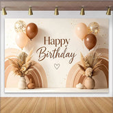 Lofaris Boho Neutral Happy Birthday Backdrop with Pampas Grass and Balloons Rainbow Arch Photography Background Elegant Party Decoration