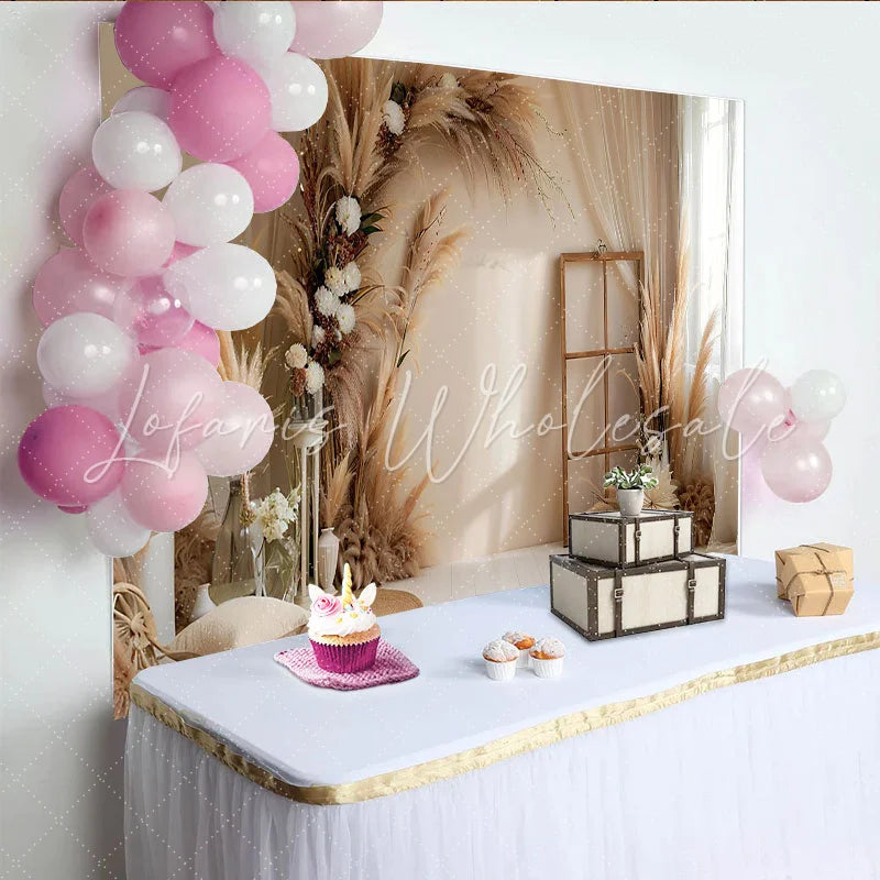 Lofaris Boho Pampas Grass Arch Photography Backdrop Rustic Window and Flowers Photo Background