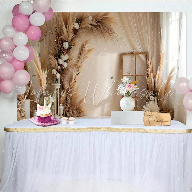 Lofaris Boho Pampas Grass Arch Photography Backdrop Rustic Window and Flowers Photo Background