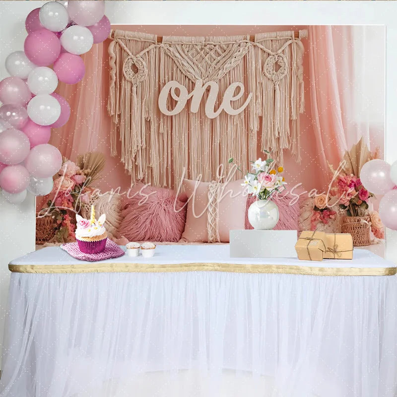 Lofaris Boho Pink 1st Birthday Backdrop with Macrame and Flowers Elegant Studio Background for Baby Girl Photoshoot