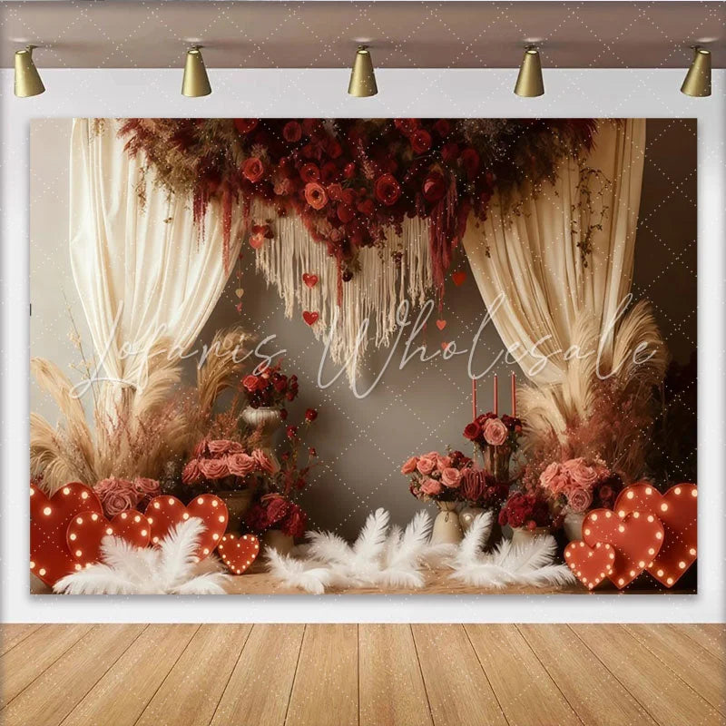 Lofaris Boho Red Roses and Hearts Party Backdrop with Pampas Grass Elegant Valentine’s Day Wedding Photo Decor