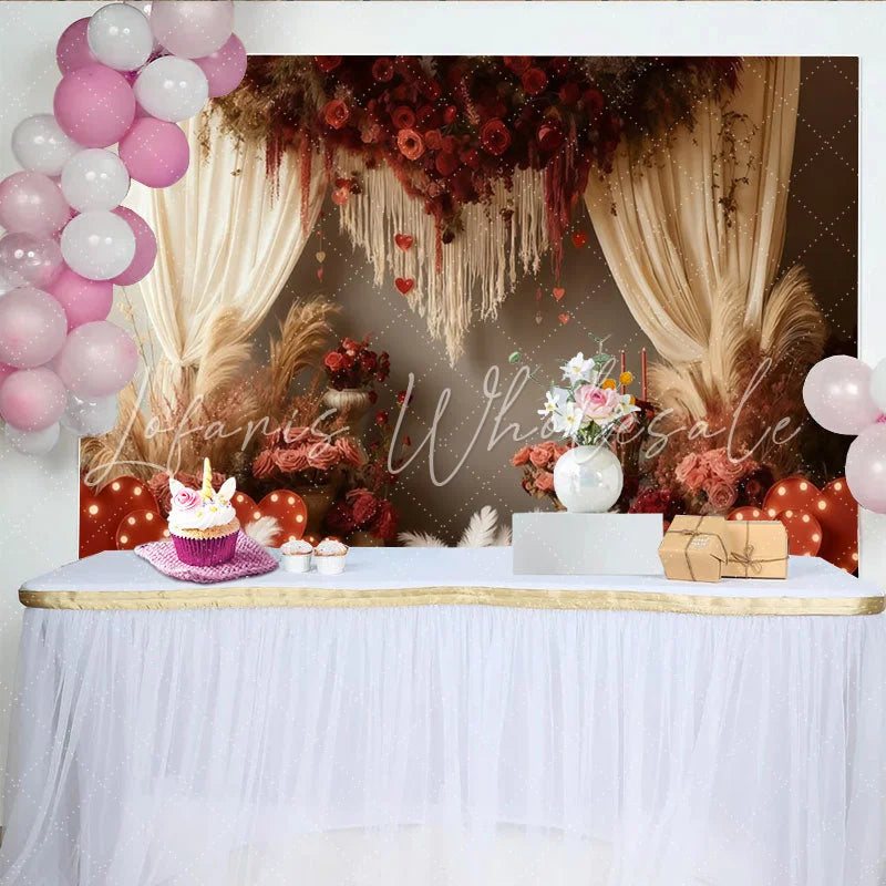 Lofaris Boho Red Roses and Hearts Party Backdrop with Pampas Grass Elegant Valentine’s Day Wedding Photo Decor