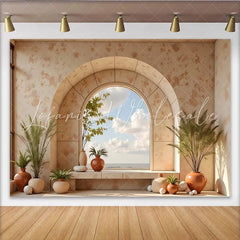 Lofaris Boho Rustic Arch Window Photography Backdrop with Potted Plants Elegant Studio Background for Portrait Photoshoot