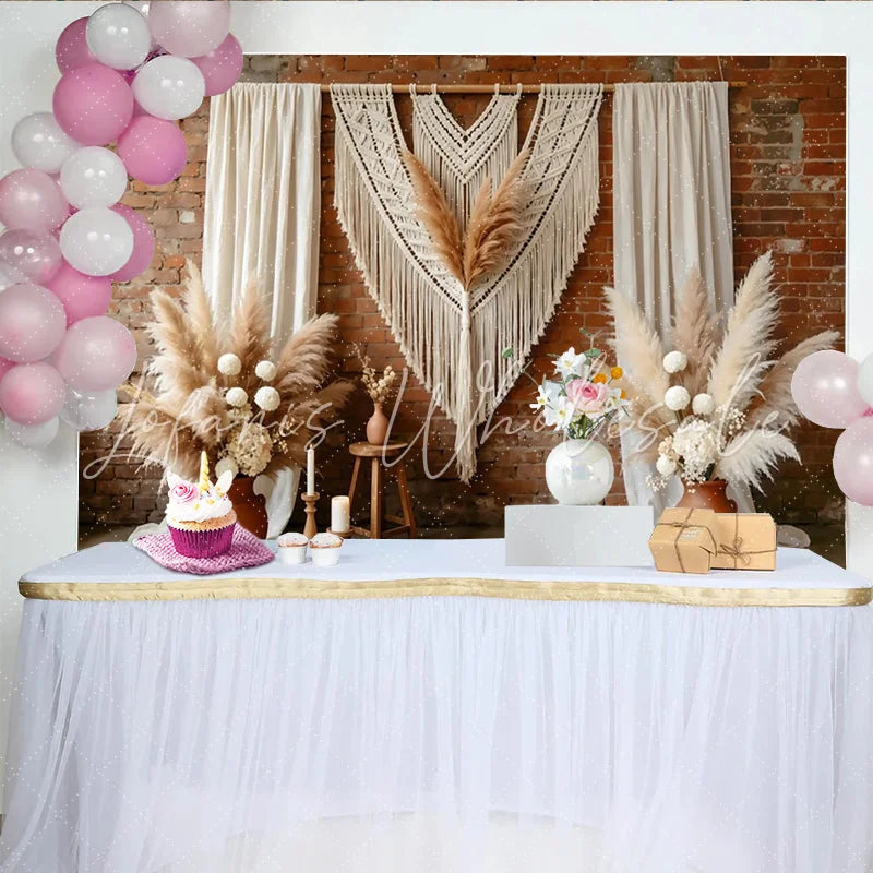 Lofaris Boho Rustic Photography Backdrop with Macrame and Pampas Grass Autumn Fall Studio Background for Photoshoot