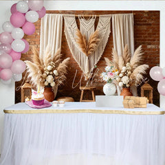 Lofaris Boho Rustic Photography Backdrop with Macrame and Pampas Grass Brick Wall Background for Studio Photoshoot Decor