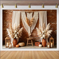 Lofaris Boho Rustic Photography Backdrop with Macrame and Pampas Grass Brick Wall Background for Studio Photoshoot Decor