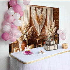 Lofaris Boho Rustic Photography Backdrop with Macrame and Pampas Grass Brick Wall Background for Studio Photoshoot Decor
