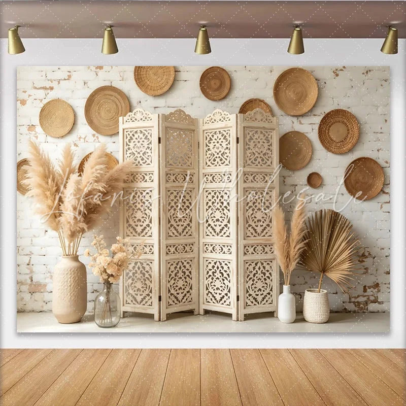Lofaris Boho Rustic White Brick Photography Backdrop with Pampas Grass Elegant Woven Plates and Carved Screen Background