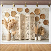 Lofaris Boho Rustic White Brick Photography Backdrop with Pampas Grass Elegant Woven Plates and Carved Screen Background