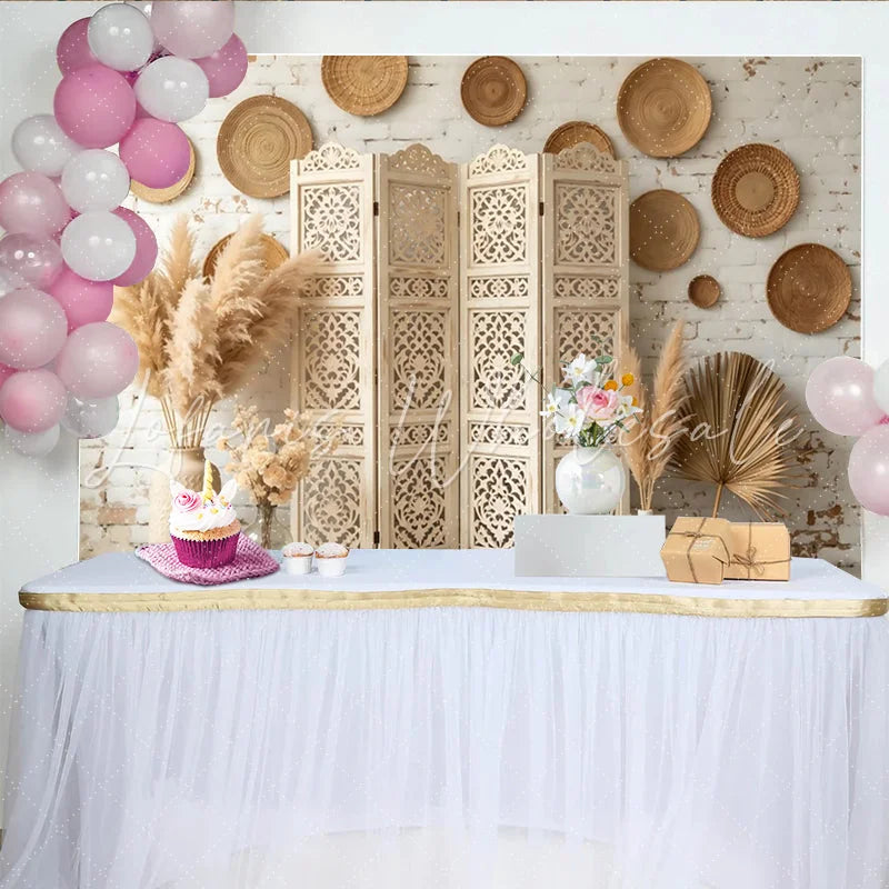 Lofaris Boho Rustic White Brick Photography Backdrop with Pampas Grass Elegant Woven Plates and Carved Screen Background