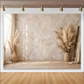 Lofaris Boho Textured Photography Backdrop with Pampas Grass and Wooden Floor Rustic Studio Background for Portrait Photoshoot