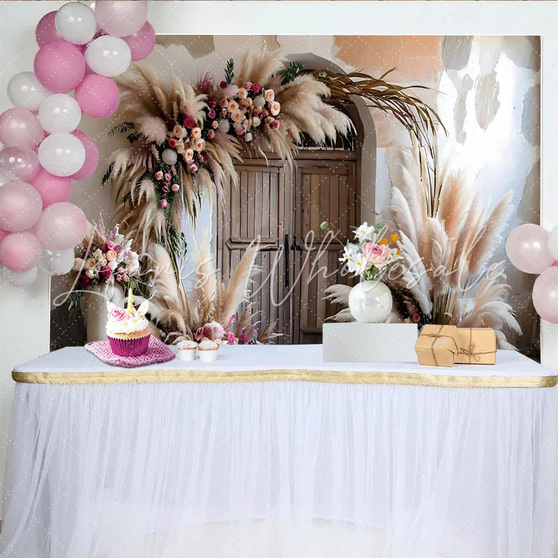 Lofaris Boho Wedding Door Photography Backdrop Pampas Grass and Floral Photo Background