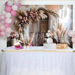 Lofaris Boho Wedding Door Photography Backdrop Pampas Grass and Floral Photo Background