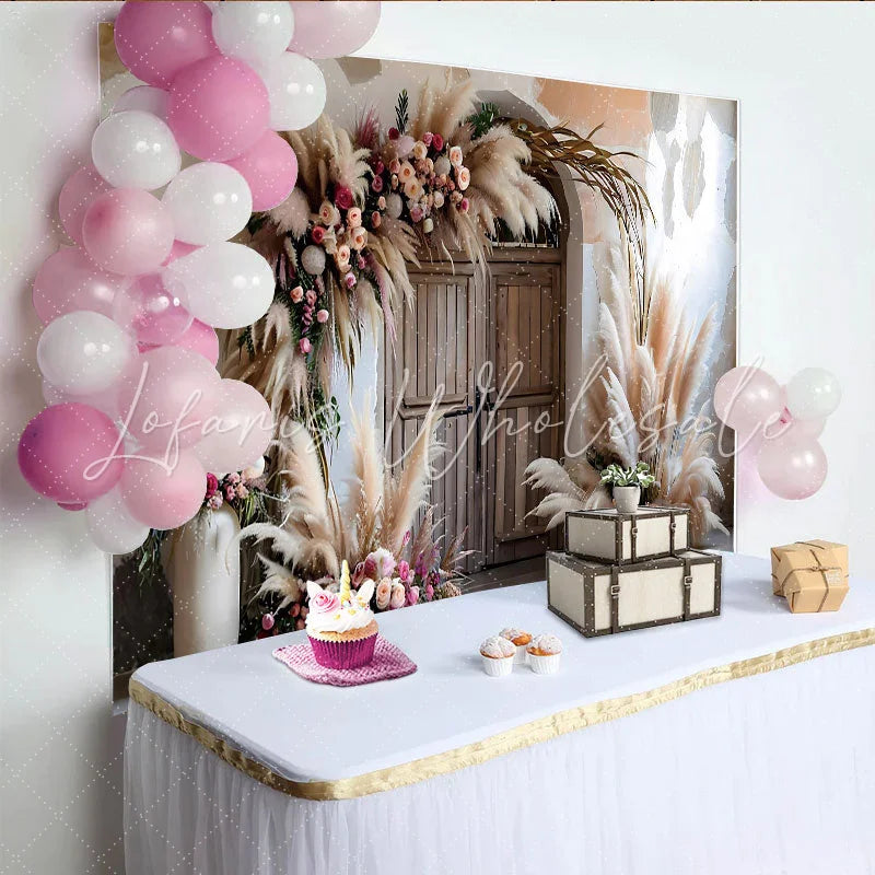 Lofaris Boho Wedding Door Photography Backdrop Pampas Grass and Floral Photo Background