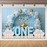 Lofaris Boy 1st Birthday Cake Smash Backdrop Blue and White Balloon Arch with Marquee ONE and Gold Stars