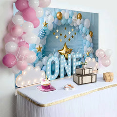 Lofaris Boy 1st Birthday Cake Smash Backdrop Blue and White Balloon Arch with Marquee ONE and Gold Stars
