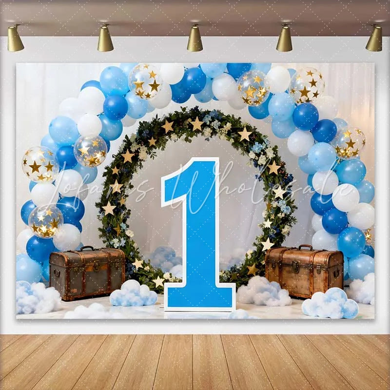 Lofaris Boy First Birthday Backdrop Blue and White Balloon Arch with Green Wreath and Large Number 1