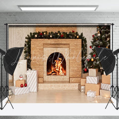 Lofaris Brick Fireplace Gift Box Christmas Backdrop