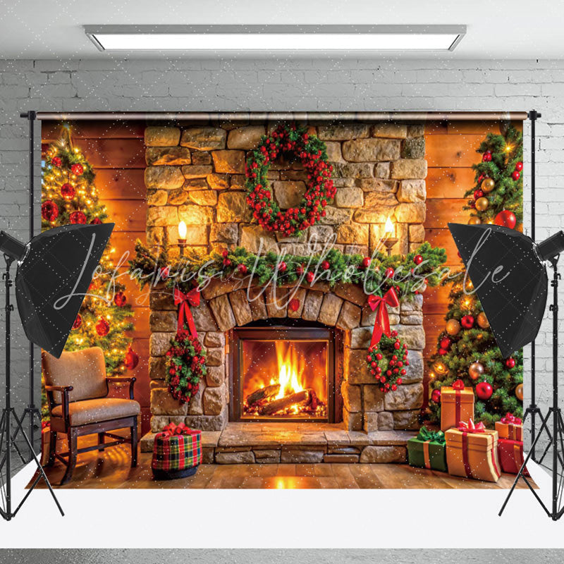Lofaris Brick Fireplace Wreath Tree Gift Christmas Backdrop