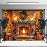 Lofaris Brick Fireplace Wreath Tree Gift Christmas Backdrop