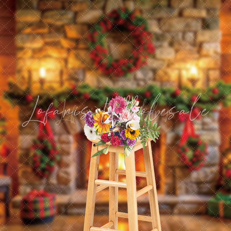 Lofaris Brick Fireplace Wreath Tree Gift Christmas Backdrop