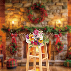 Lofaris Brick Fireplace Wreath Tree Gift Christmas Backdrop