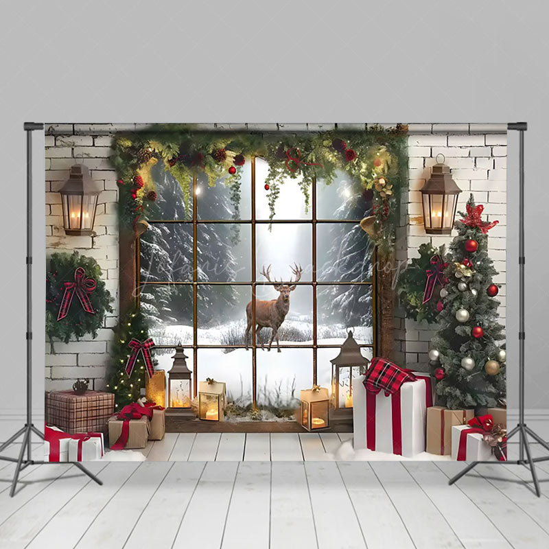 Lofaris Brick Interior Window Reindeer Christmas Backdrop