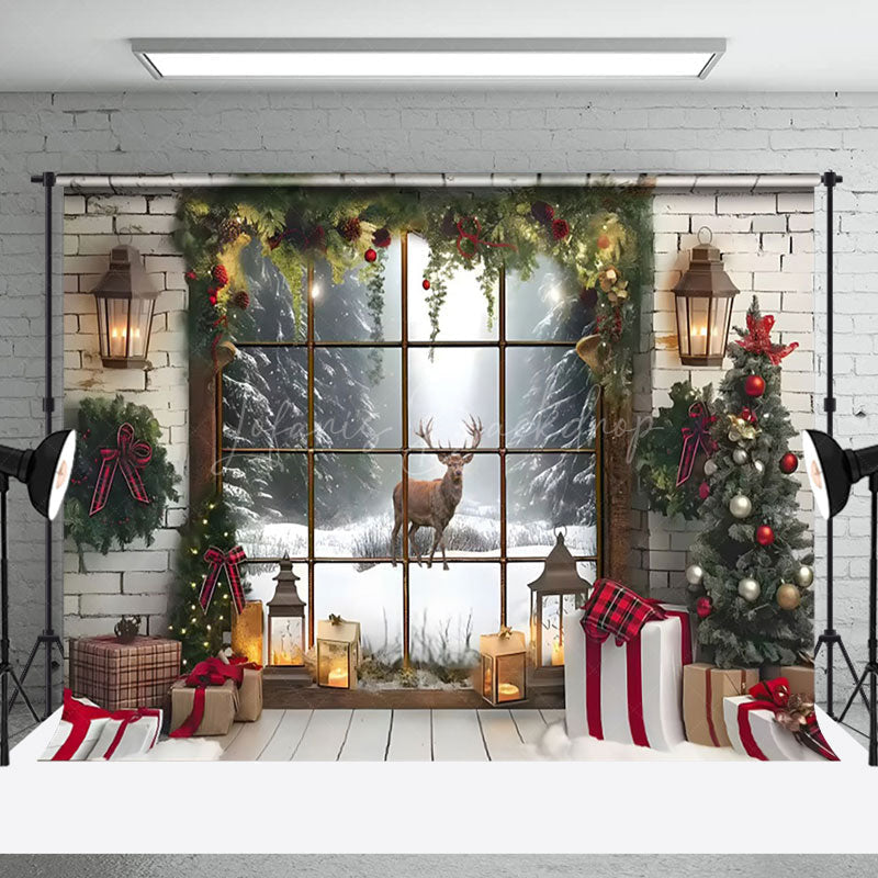 Lofaris Brick Interior Window Reindeer Christmas Backdrop