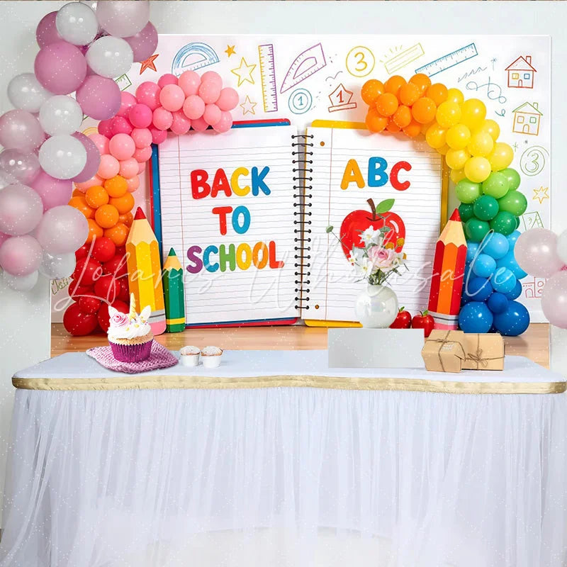 Lofaris Bright Back To School Backdrop with ABC Apple and Pencils Vibrant Classroom Background for Student Photography