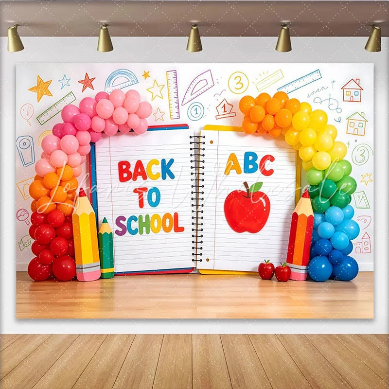 Lofaris Bright Back To School Backdrop with ABC Apple and Pencils Vibrant Classroom Background for Student Photography