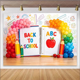 Lofaris Bright Back To School Backdrop with ABC Apple and Pencils Vibrant Classroom Background for Student Photography