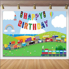 Lofaris Bright Cartoon Transportation Happy Birthday Backdrop with Vehicles Train and Rainbow for Kids Party