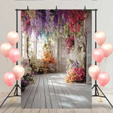 Lofaris Bright Floral Hallway Backdrop Hanging Colorful Flowers and White Wood Floor for Party