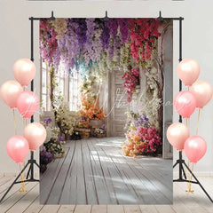 Lofaris Bright Floral Hallway Backdrop Hanging Colorful Flowers and White Wood Floor for Party