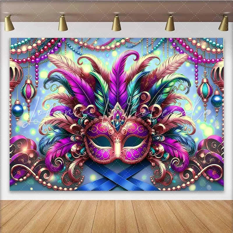 Lofaris Bright Mardi Gras Festival Backdrop Feathered Mask and Blue Bokeh Party Banner