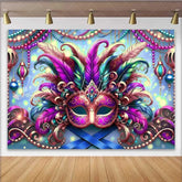 Lofaris Bright Mardi Gras Festival Backdrop Feathered Mask and Blue Bokeh Party Banner