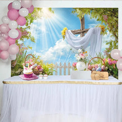 Lofaris Bright Spring Easter Backdrop with Wooden Cross Eggs Sunny Sky and Green Grass Festive Photography Holiday Decor