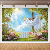 Lofaris Bright Spring Easter Backdrop with Wooden Cross Eggs Sunny Sky and Green Grass Festive Photography Holiday Decor