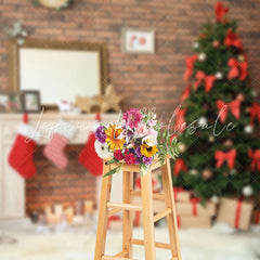 Lofaris Brown Bricks Wall Xmas Tree Merry Christmas Backdrop
