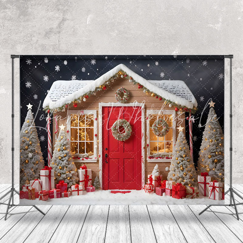 Lofaris Brown Red House Xmas Trees Snowy Christmas Backdrop