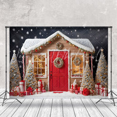 Lofaris Brown Red House Xmas Trees Snowy Christmas Backdrop