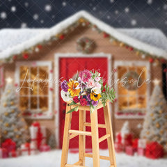 Lofaris Brown Red House Xmas Trees Snowy Christmas Backdrop