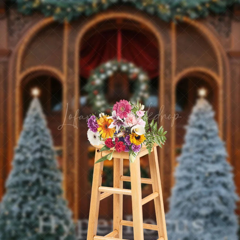 Lofaris Brown Vintage House Xmas Trees Christmas Backdrop
