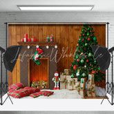 Lofaris Brown Wood Wall Fireplace Indoor Christmas Backdrop