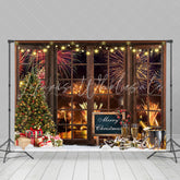 Lofaris Brown Wood Window Sparks Champagne Christmas Backdrop