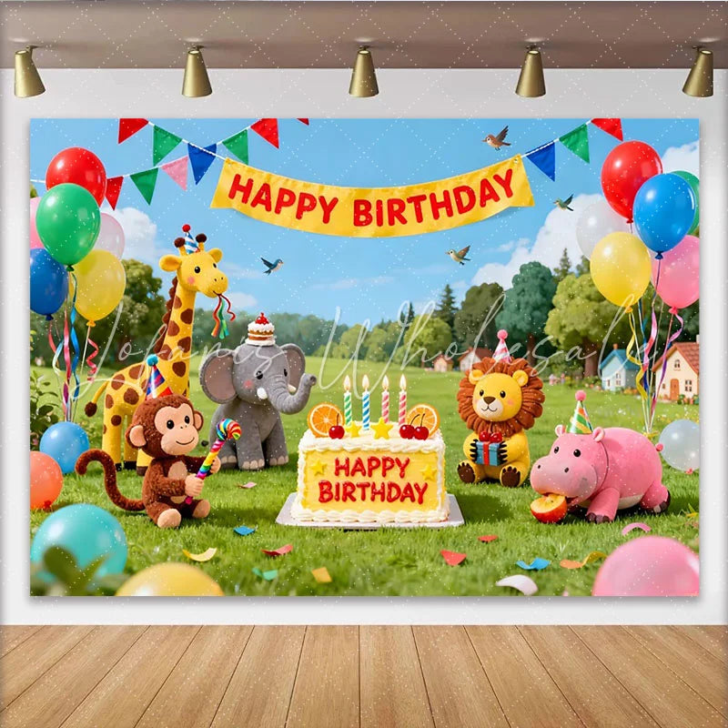 Lofaris Bunter niedlicher Safari-Tier-Geburtstagshintergrund Dschungel-Party-Fotokulisse für Kinder mit Ballons und Kuchen